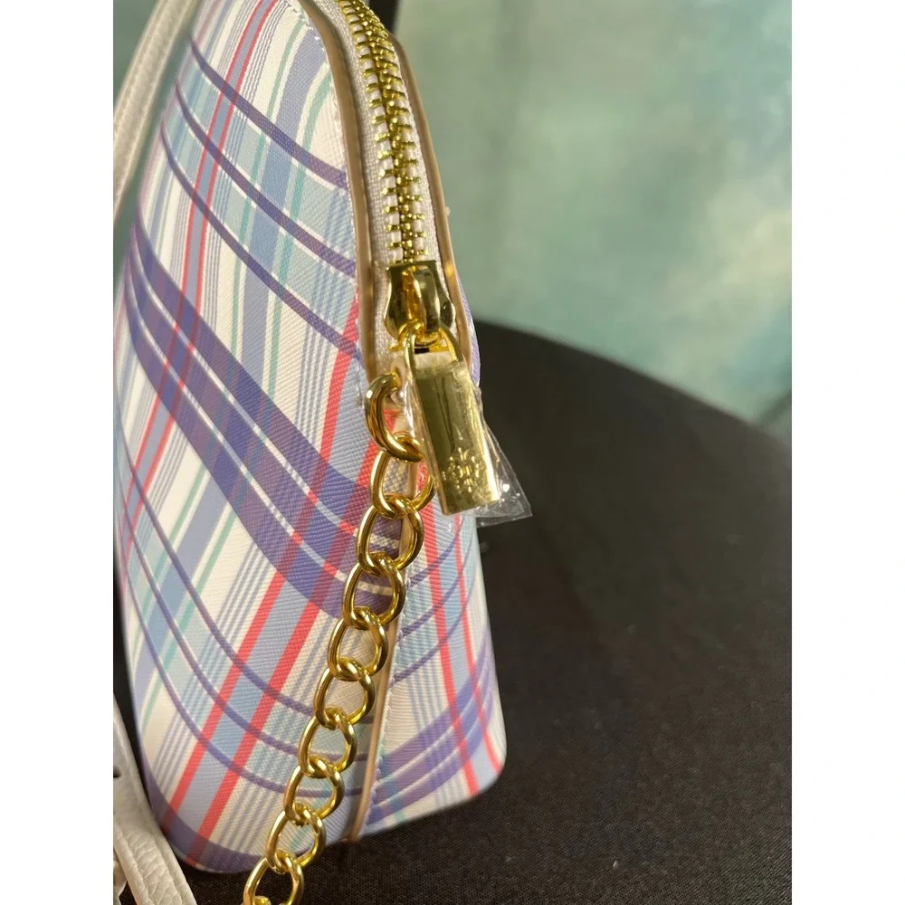 Nanette Lepore Purple Blue Plaid Dome Crossbody‎ Bag Gold Chain Strap Pastel